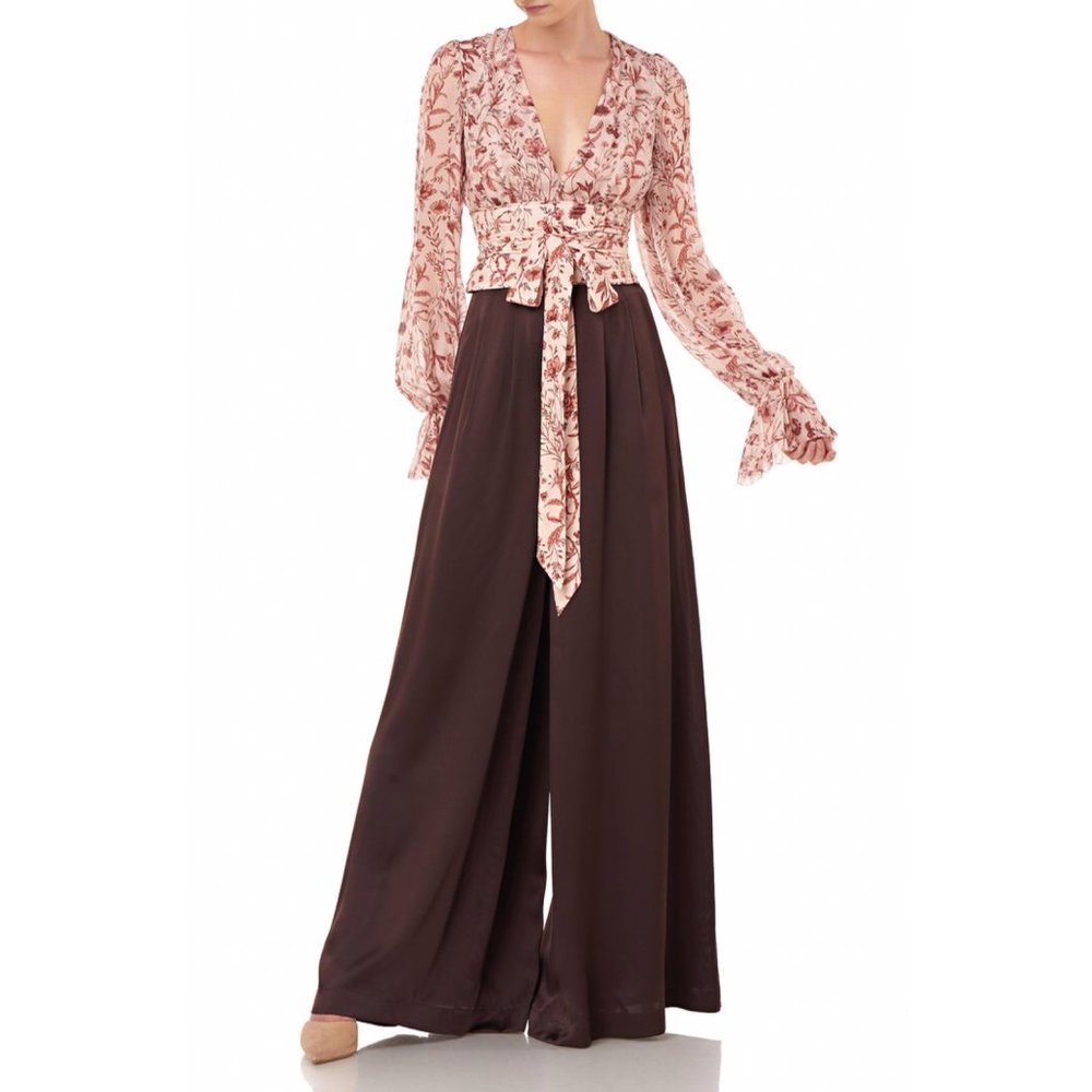 AMUR Helene Tie Waist Floral Silk Wrap Crop Top - Picture 2 of 16